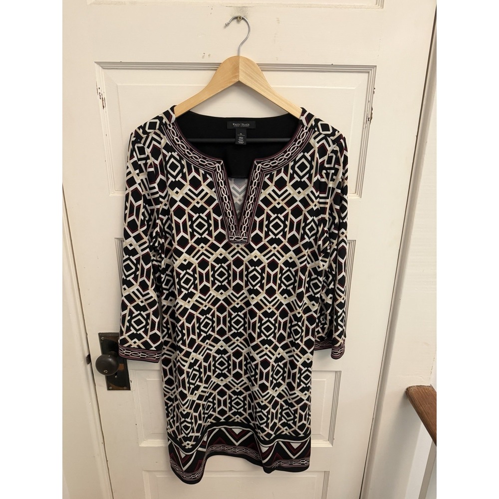 White House Black Market Patterned 3/4 Sleeve Shift Dress Embroidered Size XL